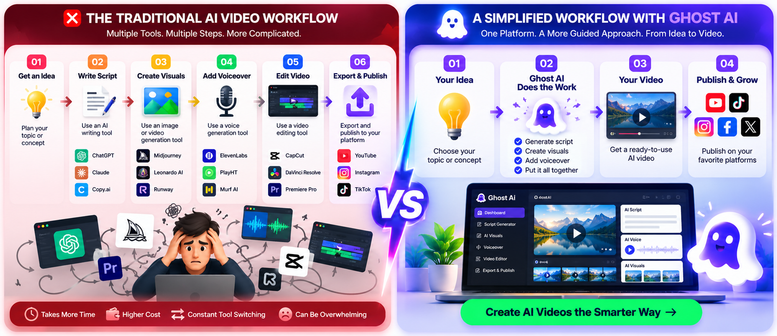 Traditional AI video workflow compared with Ghost AI